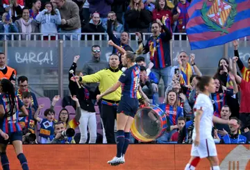 Barcelona's Swedish left-back Fridolina Rolfo celebrates scoring her team's first goal against Roma at Camp Nou