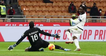 Ghanaian forward scoring against AC Milan in serie A this season. SOURCE: Twitter/ @acspezia