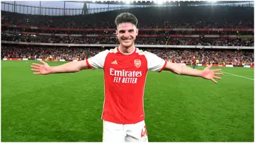 Declan Rice celebrates after the Premier League match between Arsenal FC and Manchester City at Emirates Stadium. Photo by Stuart MacFarlane.