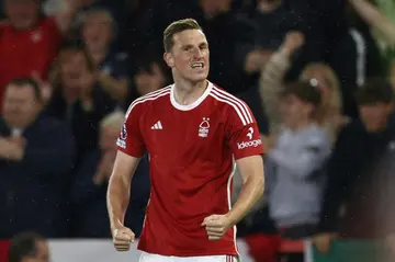 Nottingham Forest striker Chris Wood celebrates after scoring against Sheffield United