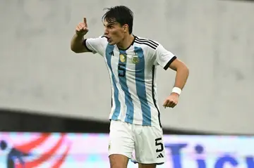 Argentina's Federico Redondo celebrates after scoring during the Venezuela 2024 CONMEBOL Pre-Olympic Tournament football match between Argentina and Paraguay in Caracas on February 8.