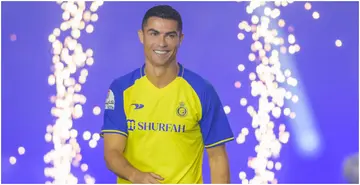 Cristiano Ronaldo smiles as he is unveiled as an Al Nassr player at Mrsool Park Stadium. Photo by Khalid Alhaj.