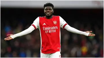 Thomas Partey reacts during a Premier League match between Arsenal and Brentford at the Emirates Stadium. Photo by John Walton.