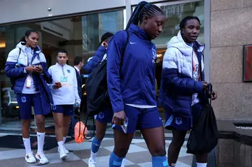 Kadidiatou Diani leads her France teammates out to training in Brisbane on Thursday