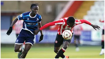 Brentford's Michael Olakigbe (right) and Middlesbrough's George Gitau in action in a previous Premier League Cup match at the Lamex Stadium, Stevenage on Monday January 30, 2023. Photo: Adam Davy.