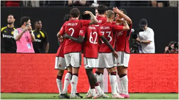 Manchester United stars celebrate after scoring during the pre-season friendly match against Borussia Dortmund at Allegiant Stadium. Photo by Candice Ward.