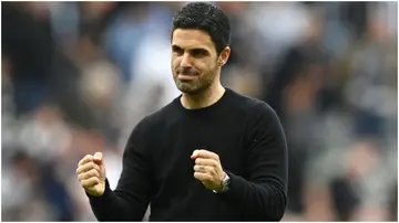 Mikel Arteta celebrates victory following the Premier League match between Newcastle United and Arsenal FC at St. James Park. Photo by Michael Regan.