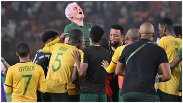 South Africa's coach Hugo Broos is lifted in the air by Bafana players after they won the Africa Cup of Nations 2023 third place play-off football match against DR Congo. Photo: SIA KAMBOU.