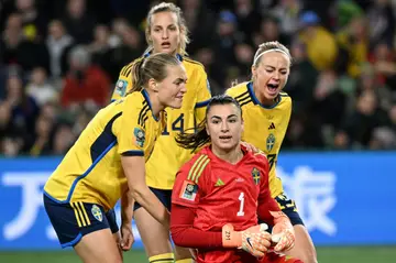 Sweden's goalkeeper Zecira Musovic (C) made 11 saves against the USA