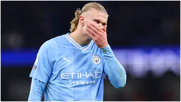 Erling Haaland reacts during the Premier League match between Manchester City and Tottenham Hotspur at Etihad Stadium. Photo by Robbie Jay Barratt.