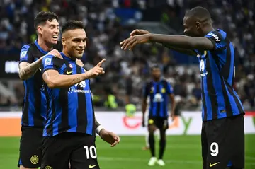 Lautaro Martinez (2nd L) netted a brace while Marcus Thuram scored his first goal for Inter on Sunday