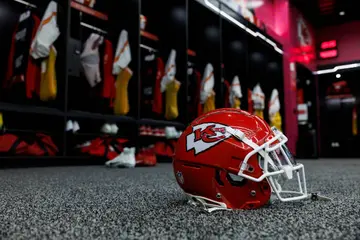 A Kansas City Chiefs helmet in the locker room