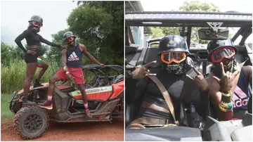 Noah Lyles and his girlfriend, Junelle Bromfield in an off-road vehicle while on vacation in Jamaica.