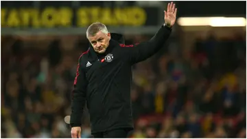 Ole Gunnar Solskjaer acknowledges the fans following the Premier League match between Watford and Manchester United at Vicarage Road. Photo by Charlie Crowhurst.