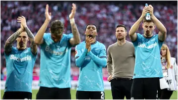 Xabi Alonso and his Bayer Leverkusen team after the Bundesliga match against FC Köln at RheinEnergieStadion on March 3, 2024, in Cologne, Germany.