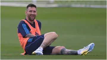 Lionel Messi laughs during a training session in Ezeiza ahead of FIFA World Cup 2026 qualifier football matches against Paraguay and Peru. Photo by Juan Mabromata.