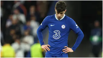 A dejected Kai Havertz of Chelsea at full time during the UEFA Champions League quarterfinal first leg match between Real Madrid and Chelsea FC at Estadio Santiago Bernabeu. Photo by James Williamson.