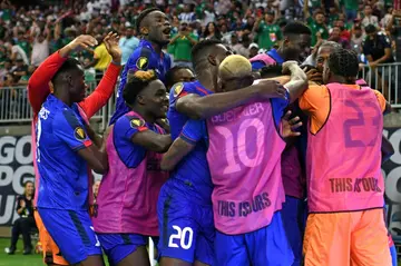 Haiti's forward Frantzdy Pierrot celebrates scoring the winner in the 2-1 victory over Qatar in a CONCACAF Gold Cup Group B match