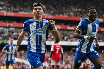 On target: Brighton's Julio Enciso celebrates after scoring at Arsenal