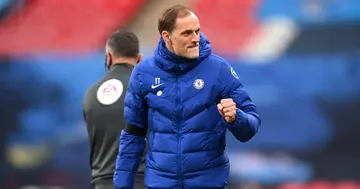 Thomas Tuchel celebrates following his team's victory in the Semi Final of the Emirates FA Cup match between Manchester City and Chelsea FC at Wembley Stadium. (Photo by Michael Regan - The FA/The FA via Getty Images)