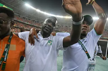 Ivory Coast coach Emerse Fae (C) celebrates after his team beat Nigeria in Sunday's Africa Cup of Nations final