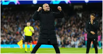 Pep Guardiola celebrates during the UEFA Champions League Semi-Final Leg One match between Man City and Real Madrid at Etihad Stadium. Photo by Tom Flathers.