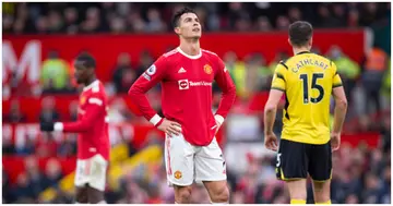 Cristiano Ronaldo look dejected in action during the Premier League match between Manchester United and Watford at Old Trafford. Photo by Joe Prior.