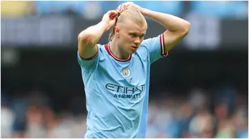 Erling Haaland of Manchester City during the Premier League match between Manchester City and Leeds United at Etihad Stadium. Photo by James Gill.