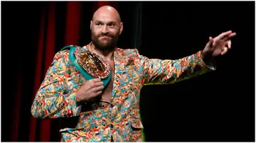 WBC heavyweight champion Tyson Fury arrives at a news conference at MGM Grand Garden Arena. Photo by Ethan Miller.