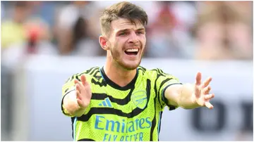 Declan Rice reacts while in action for Arsenal during a pre-season friendly between Arsenal and Manchester United at MetLife Stadium. Photo by Stuart MacFarlane.