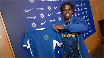 Romeo Lavia is unveiled as a Chelsea player at the club's Cobham facility on August 18, 2023.