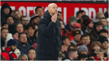 Erik ten Hag looks dejected during the Premier League match between Manchester United and Aston Villa at Old Trafford. Photo by James Gill.