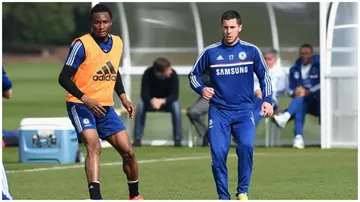 John Obi Mikel and Eden Hazard during a training session at the Cobham Training Ground in 2014. Photo: Darren Walsh.