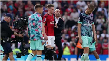 Erik ten Hag and Scott McTominay after Man United's Premier League match vs Brentford at Old Trafford. Photo by Martin Rickett.