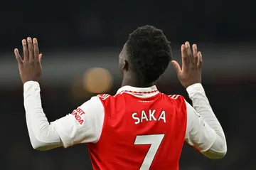 Arsenal forward Bukayo Saka celebrates his goal against Manchester United