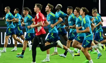 Juventus players including new signing French player Paul Pogba (6L) during a training session in Las Vegas, Nevada on July 21