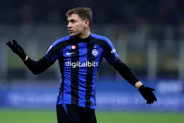 Nicolo Barella gestures during the Coppa Italia quarter-final match between Fc Internazionale and Atalanta Bc