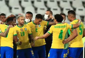 Brazil players celebrate after seeing off Peru during the Copa America. Photo: Buda Mendes.