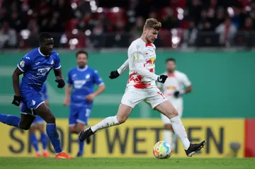 On target: Leipzig's Timo Werner scores his team's third goal