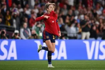 Olga Carmona celebrates scoring for Spain