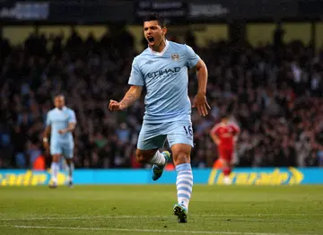 Sergio Aguero of Manchester City celebrates scoring the opening goal during the Barclays Premier League match against West Bromwich Albion at the Etihad Stadium on April 11, 2012