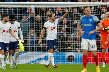 Harry Kane celebrates after scoring for Tottenham against Portsmouth in the FA Cup third round