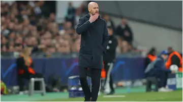 Erik ten Hag looks dejected during the UEFA Champions League match between F.C. Copenhagen and Manchester United at Parken Stadium. Photo by James Gill.