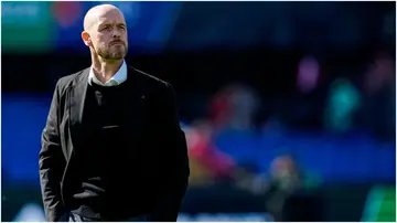 Erik ten Hag looks on prior to the TOTO KNVB Cup Final match between PSV and Ajax at Stadion Feijenoord. Photo by Geert van Erven.