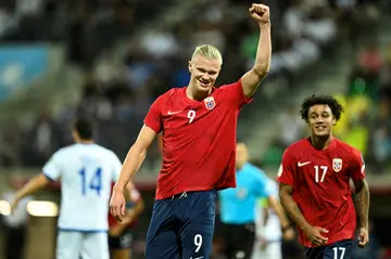 Erling Haaland celebrates his first goal against Cyprus