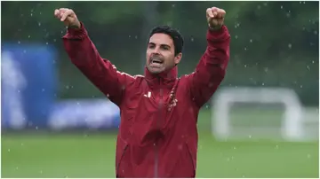 Mikel Arteta reacts during an Arsenal training session at London Colney. Photo by David Price.