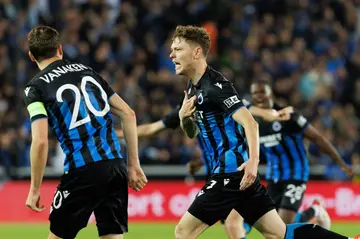 Andreas Skov Olsen celebrates after scoring against Osasuna to put Club Brugge in the Conference League group stage