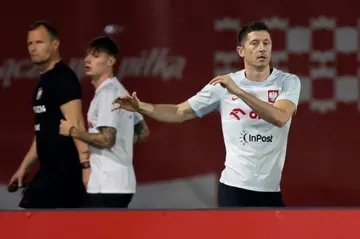 Polish forward Robert Lewandowski in training in Qatar