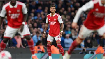 Ben White looks on during the Premier League match between Manchester City and Arsenal FC at Etihad Stadium. Photo by Stuart MacFarlane.