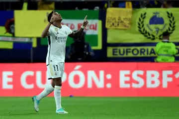 Rodrygo celebrates the first of his two goals in Real Madrid's easy victory